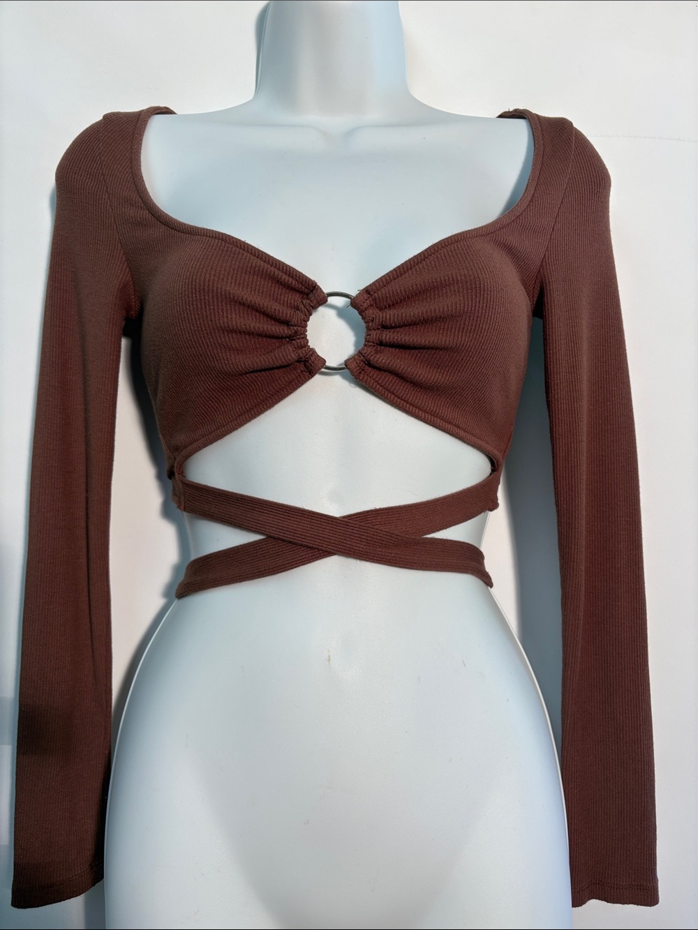 Princess Polly Brown Ring-Front Wrap Ribbed Long-Sleeve Crop Top